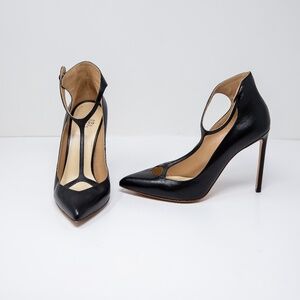 Francesco Russo Black T-Bar Strap Almond Toe Pointed Leather High Heels Shoes 7